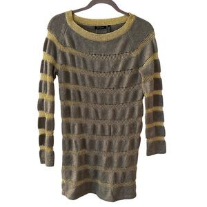 Maglia Grey and Gold Striped Wool and Cashmere Long Sleeve Mini Sweater Dress XL